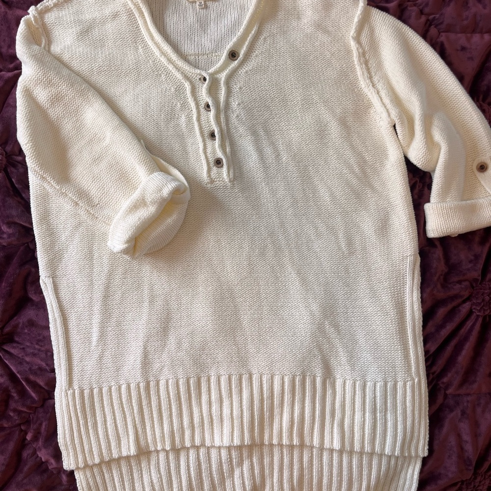 Relaxed Cream Button-Front V-Neck Tunic Sweater